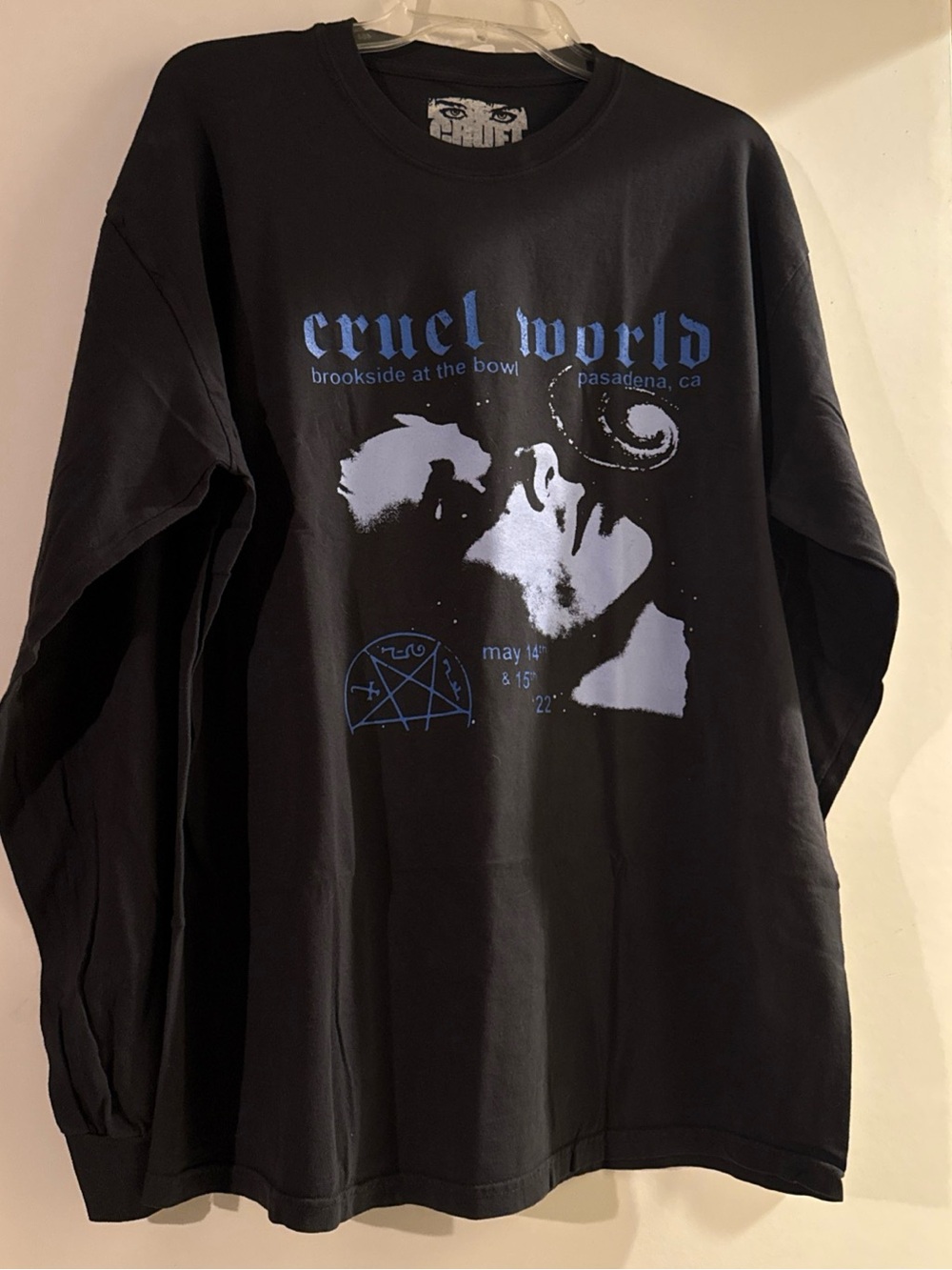 Black Long-Sleeve Graphic Tee with Blue & White Print